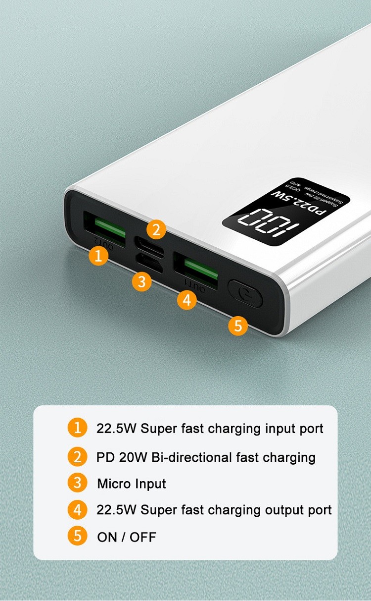 OEM Promotional Gift 22.5W 10000mah 20000mah 30000mah Power Bank Portatil Portable Power Bank 20000mah